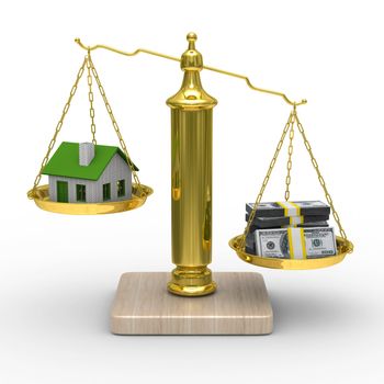 house and cashes on scales. Isolated 3D image