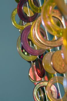 dtail of a retro plastic curtain with colorful circles