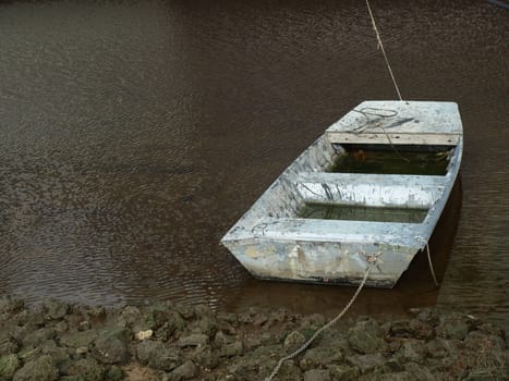 An old white boat along the shore