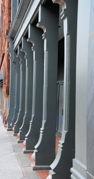 Closeup view of columns along a city street