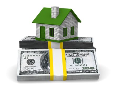 Small house and cash on white background. Isolated 3D image
