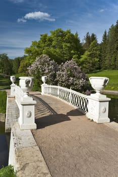 Ancient bridge with vases and blossoming lilac in the park