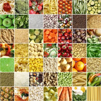 Food collage including 49 pictures of vegetables, fruit, pasta and more