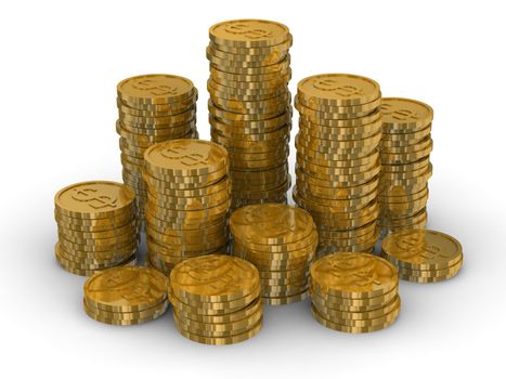 Column of golden coins isolated on white. 3D image.