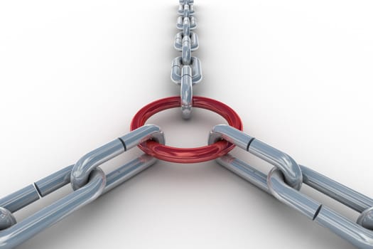 Chain fastened by a red ring. 3D image