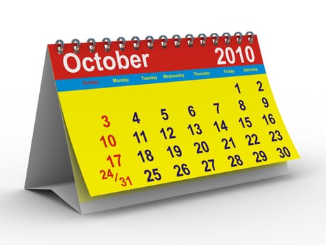 2010 year calendar. October. Isolated 3D image.