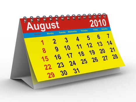 2010 year calendar. August. Isolated 3D image