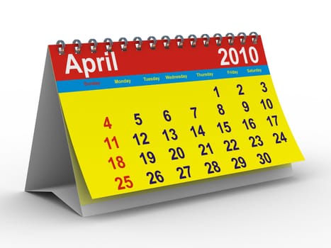 2010 year calendar. April. Isolated 3D image