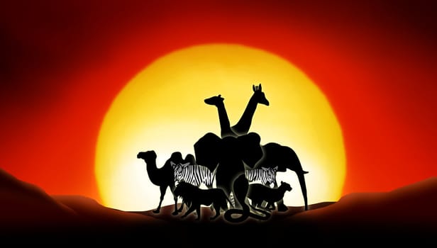 lonesome animals in a sunset of the sahara desert
