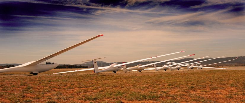 seven white gliders in an aerodrome in south of France