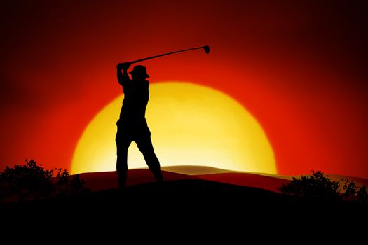 A person is playing golf in the sunset