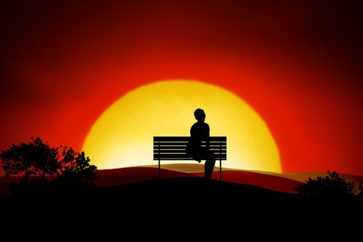 A person sitting alone on a bench in the sunset