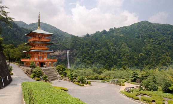 View of the Seigantoji temple pagoda and Nachi falls in Wakayama peninsula, Japan.