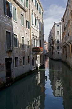 A small canal (waterroad) in the historic town of Venice, Italy. The typical houses of the worldfamous city are built directly at the waterline. 