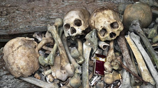 Skeleton, skull and bones with cigarette pack, smoke kills