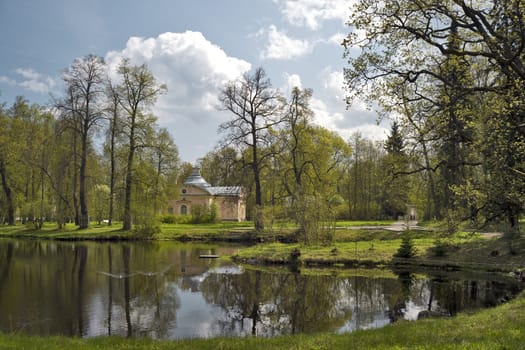 Picturesque pond with ducks in spring park