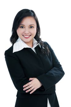 Portrait of a beautiful businesswoman smiling, over white background.