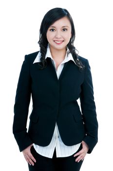 Portrait of an attractive young businesswoman smiling, over white background.