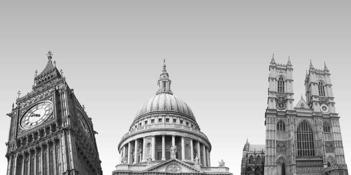 London landmarks over blue sky: Big Ben, St Paul's Cathedral, Westminster Abbey