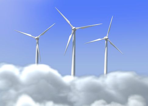 three windmills in the blue sky and white clouds