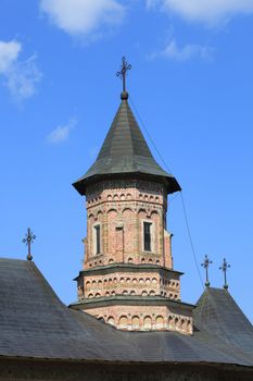 Close-up image of the tower of Neamt Monastery,Moldavia,Romania.It is a Romanian Orthodox religious settlement, one of the oldest and most important of its kind in Romania. It was built in 14th century, and it is an example of medieval Moldavian architecture.