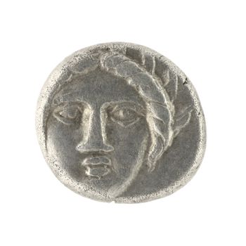 Apollo on ancient Greek half drachm from 400 BC isolated in white