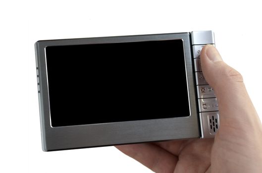 Portable media player (audio & video) in hand, isolated on white. The screen is pure black so it's very easy to add any picture on player screen.