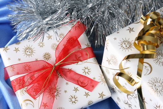 Brightly colored christmas gifts and decorations