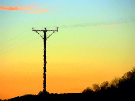 Powerlines silhouetted against the orange and blue sunset