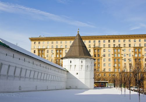 tower and wall of Novospassky monastery in Moscow In the early spring
