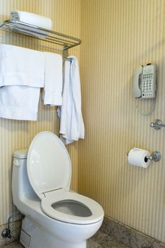 luxuary bathroom with a phone in reach of the toilet