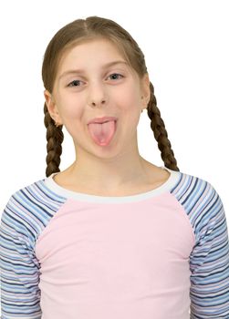 Girl to put out one is tongue on the white background