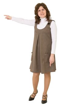 Young woman points to the left her hand