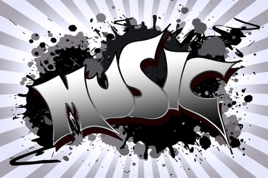 The word music as a grungy colorfully painting