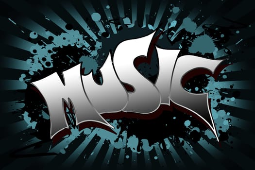 The word music as a grungy colorfully painting