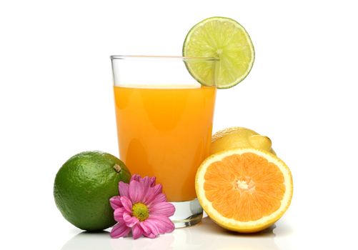 Orange juice with fruit composition over a white background