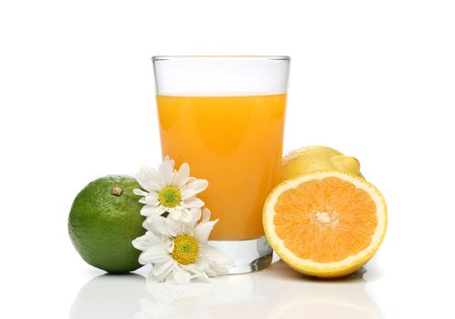 Orange juice with fruit composition over a white background