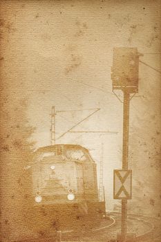 old historical railway paper with locomotive and signal