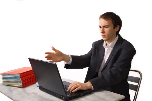 Young man on laptop, protests, isolated over white