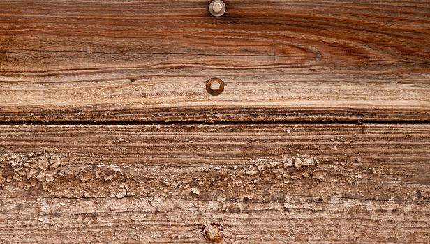 A background and or texture with peeling paint and three rusty bolts in the wood.