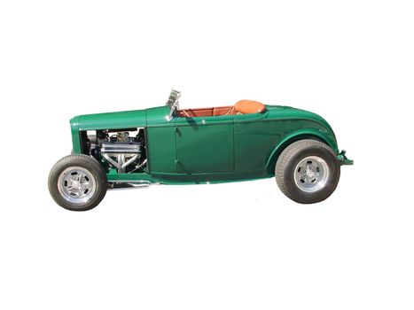 This is a picture of a green 1930s convertible made into a hot rod, it is isolated on white. 