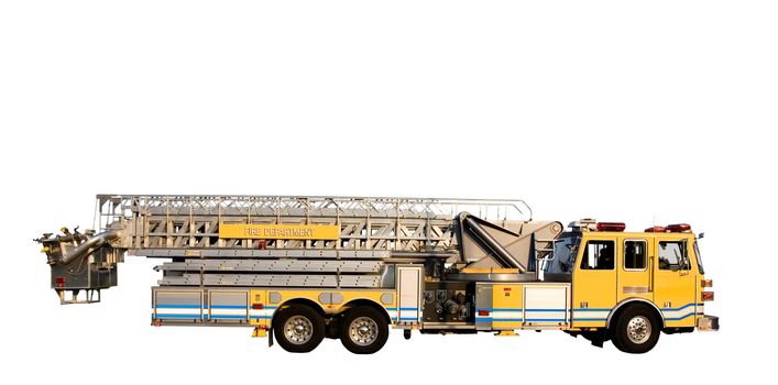 This is a side view of a fire truck with ladders and a bucket used for reaching fires in high places. isolated on a white background.