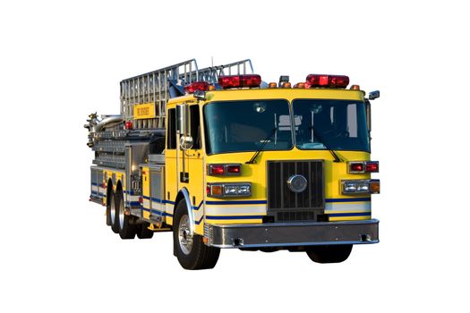 This is a picture of the front of a yellow fire truck used for reaching fires in high places, such as, tall office buildings. Isolated on a white background.