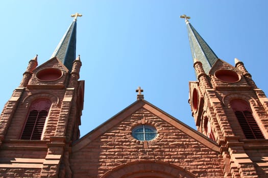 Looking skyward at the St. Joseph church bell towers.