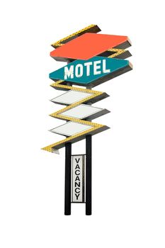 This is a retro motel sign isolated on white with the words motel and vacancy.