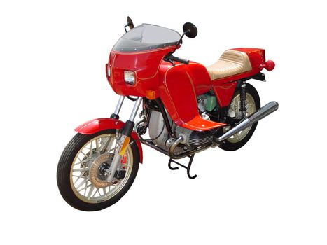 This is a picture of a red motorbike isolated on white.