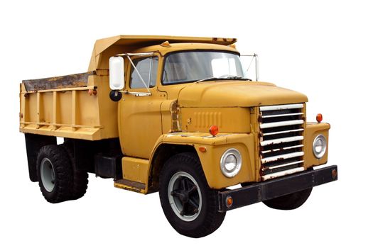 This is a picture of an old yellow city dump truck isolated on a white background.