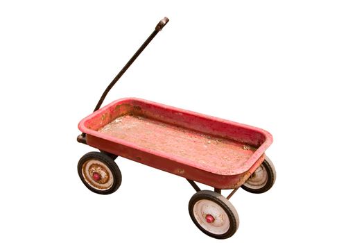 Top angle view of an old rusted red wagon isolated on white.