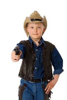 boy wearing clothes of cowboy isolated on white