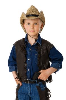 boy wearing clothes of cowboy isolated on white